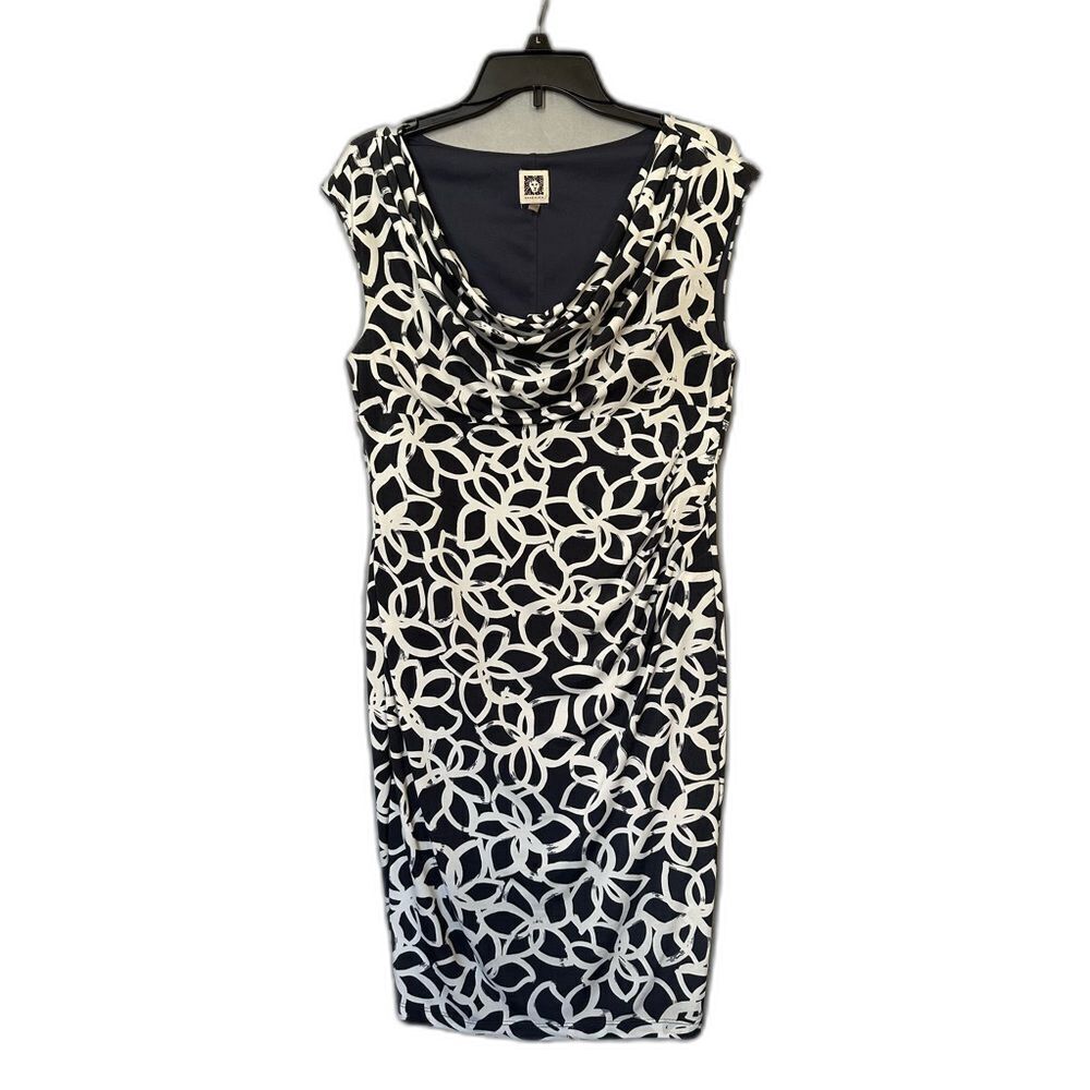 Anne Klein Valerie Cowl Neck Sheath Dress Size 10 Navy White Ruched Floral Mini